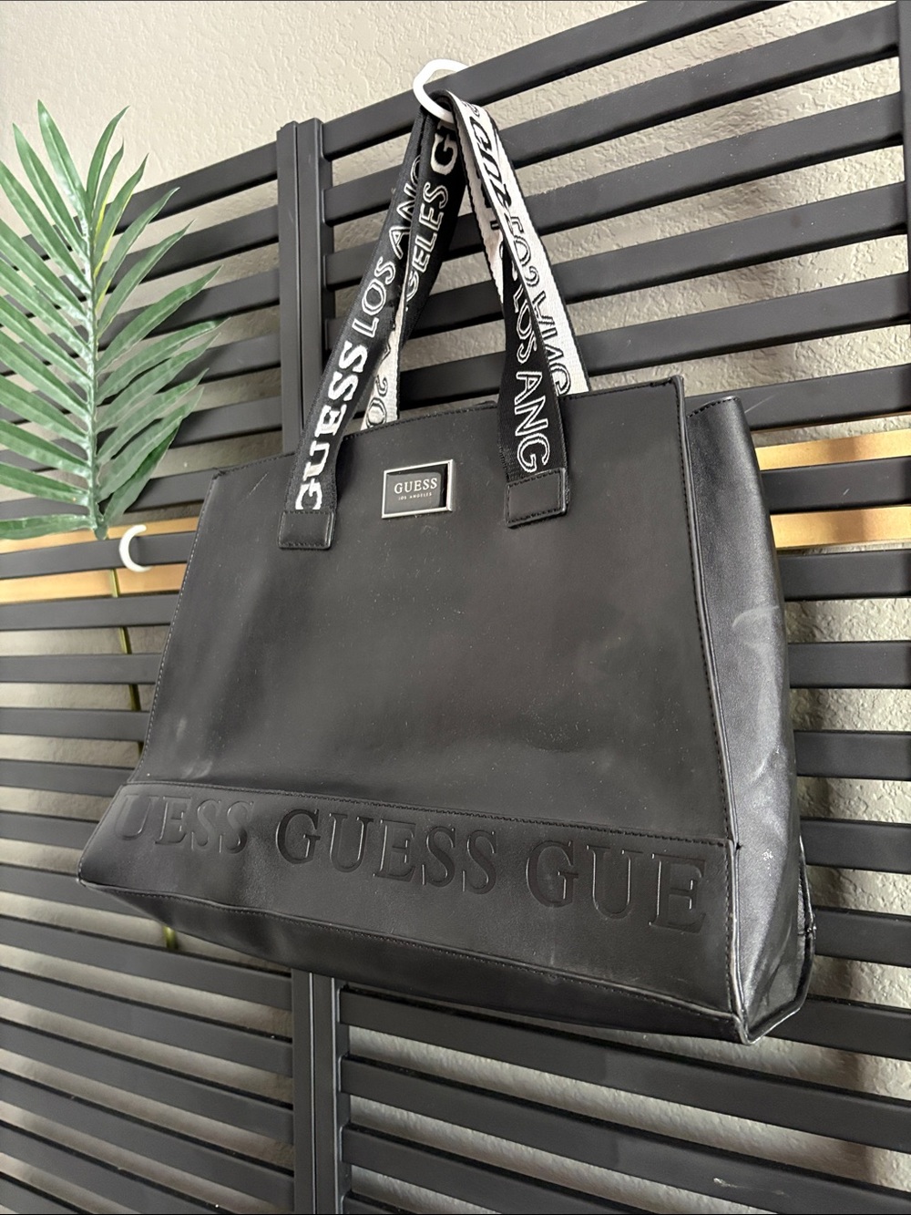 Guess Black Logo Strap Tote Bag with White Accents